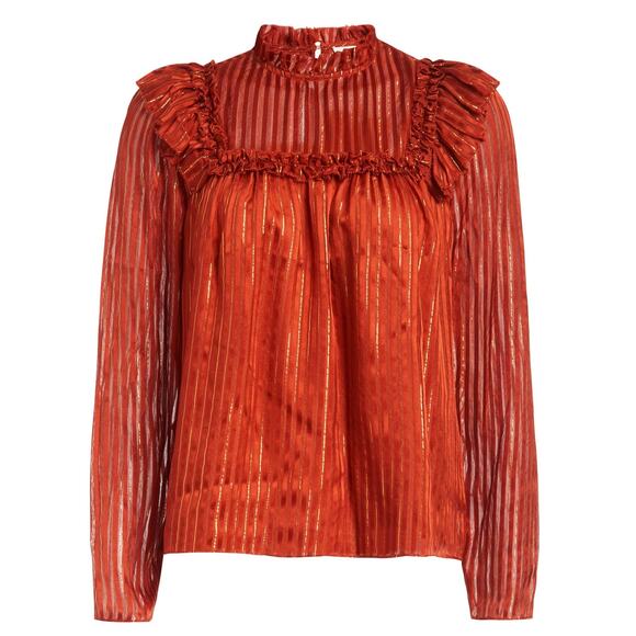 Marie Oliver Estelle Blouse - Silk Metallic Stripe Ruffled Neck Top - Picture 2 of 7